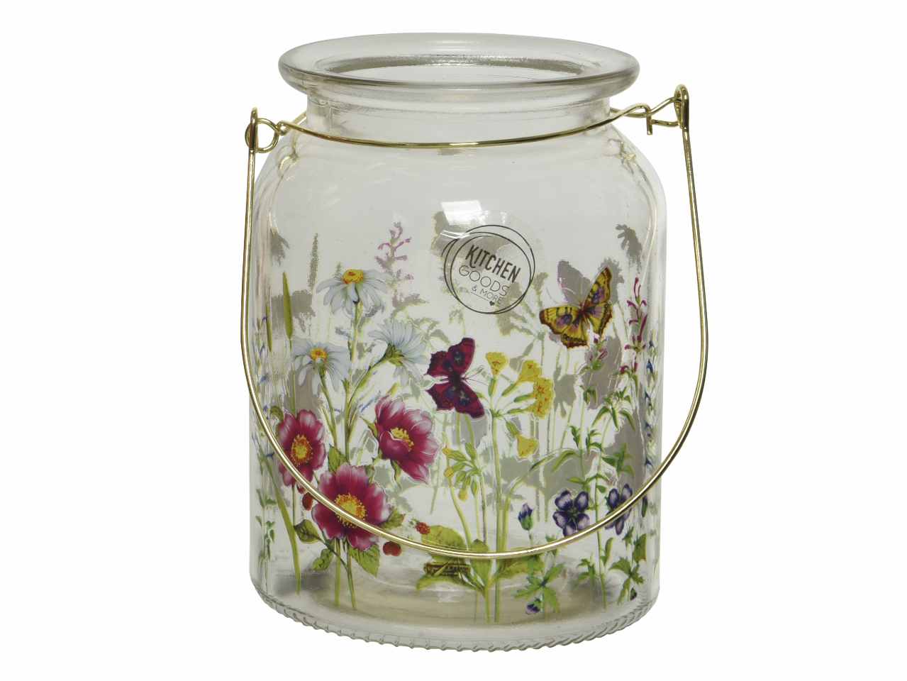 Vaso in vetro tondo con manico in metallo 3 assortimenti con diverse decalcomanie floreali 10.80xh.14.80
