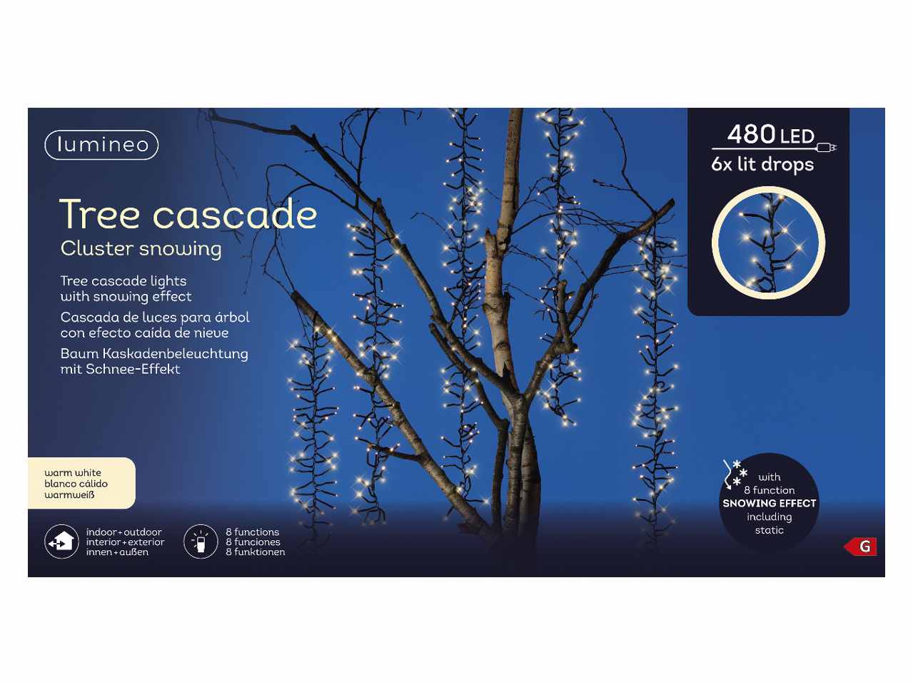 Cascata luci 480led bianco caldo filo nero 2metri 8 funzioni uso esterno