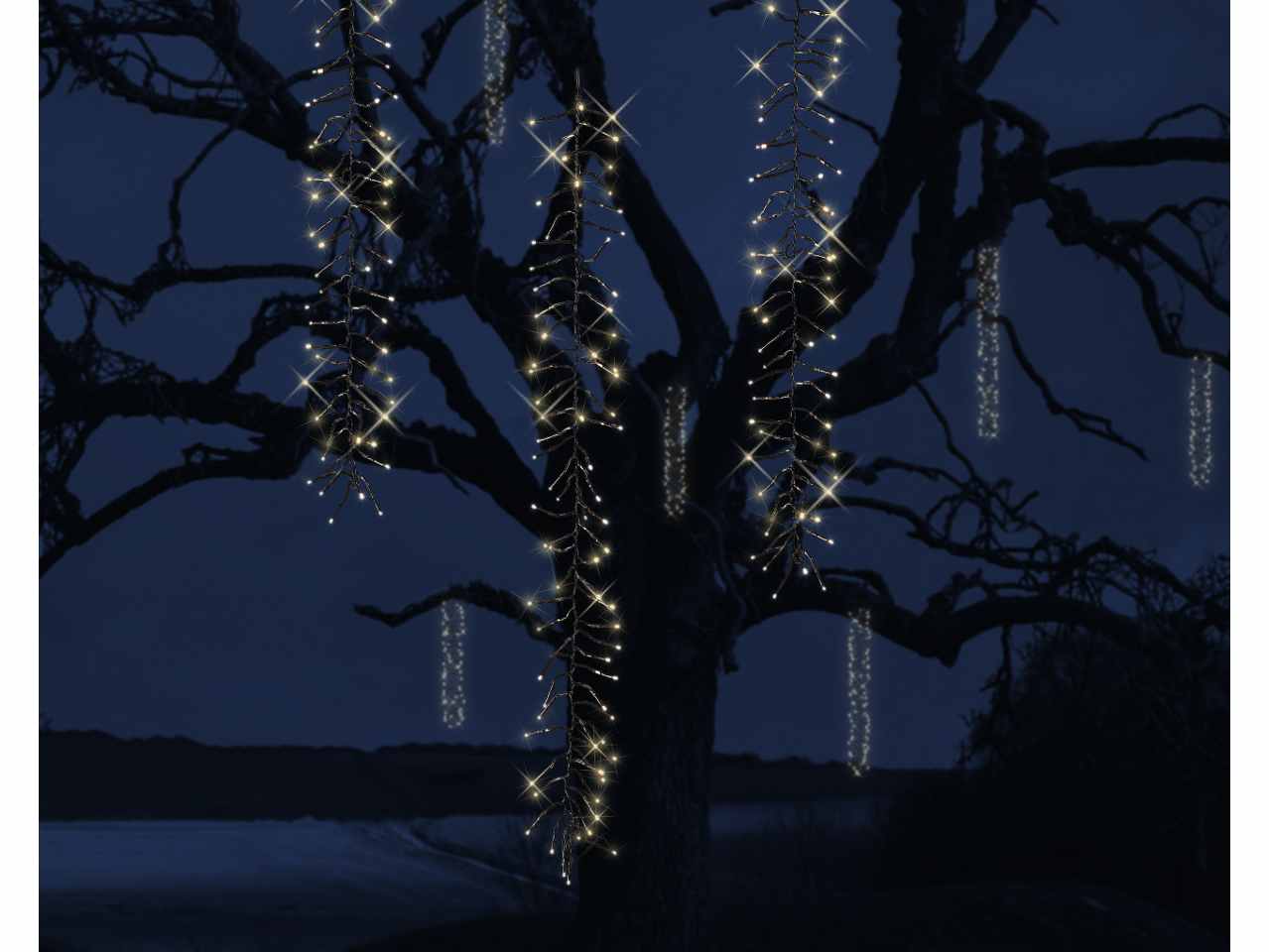 Cascata luci 480led bianco caldo filo nero 2metri 8 funzioni uso esterno