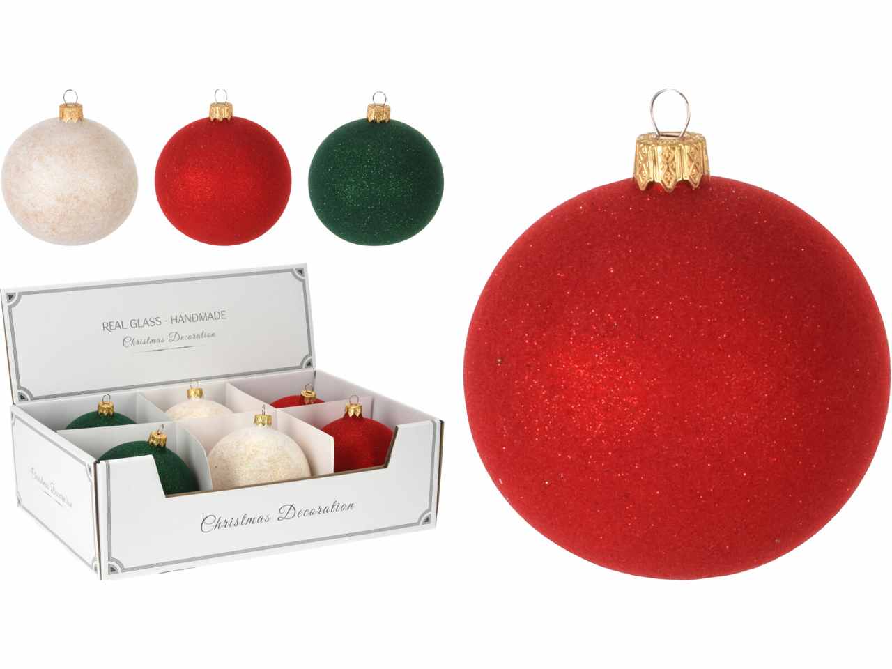 Sfera in vetro d.10cm floccata nei colori rosso, verde e bianco