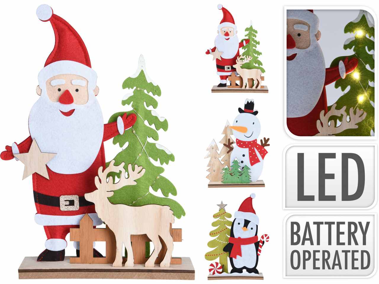Personaggio natalizio in feltro e legno con led e funzionamento a batteria 36cm