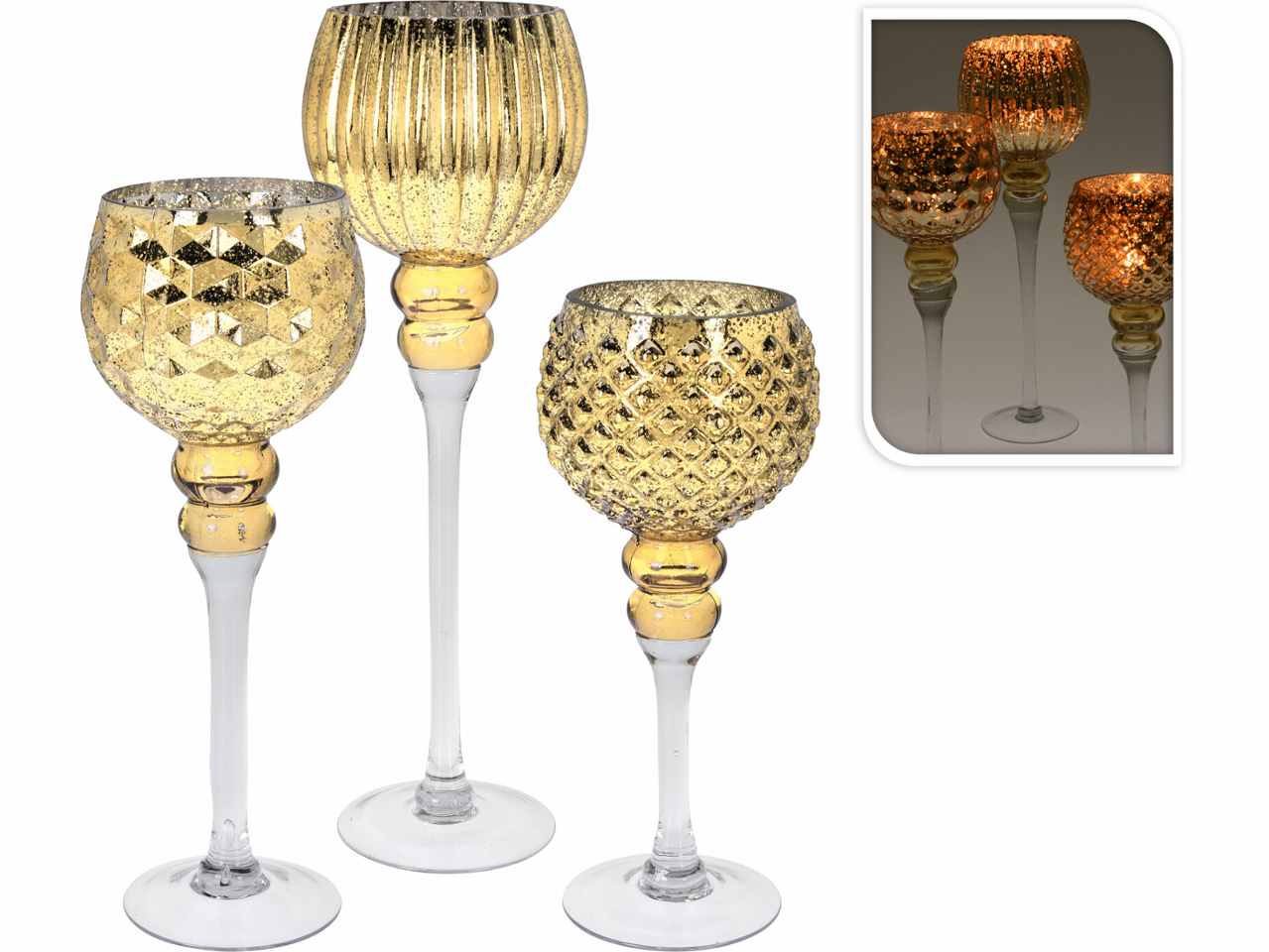 Portacandela 3pezzi in plastica e vetro oro