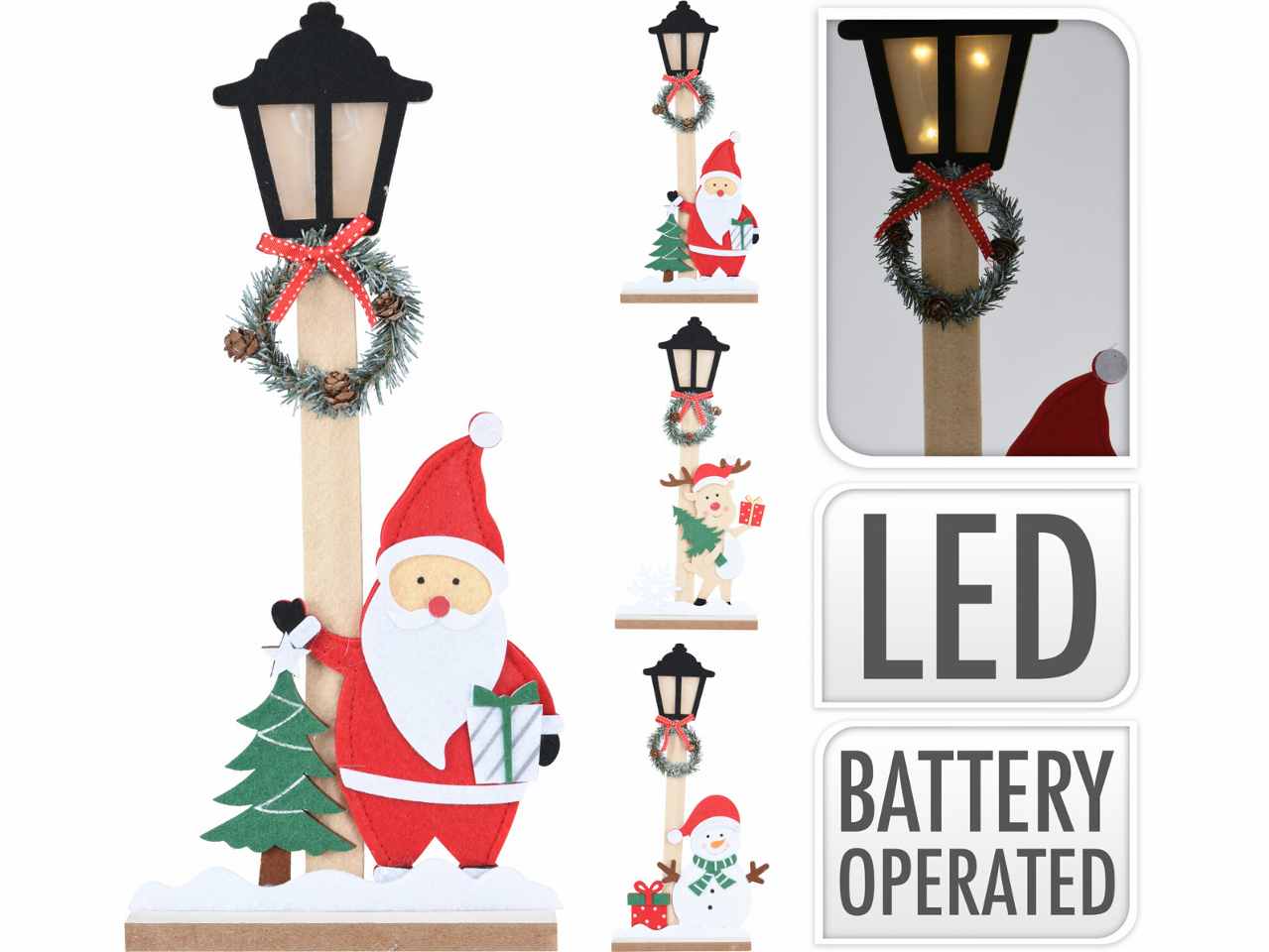 Personaggio natalizio 39cm in legno e feltro a led funzionamento a batteria