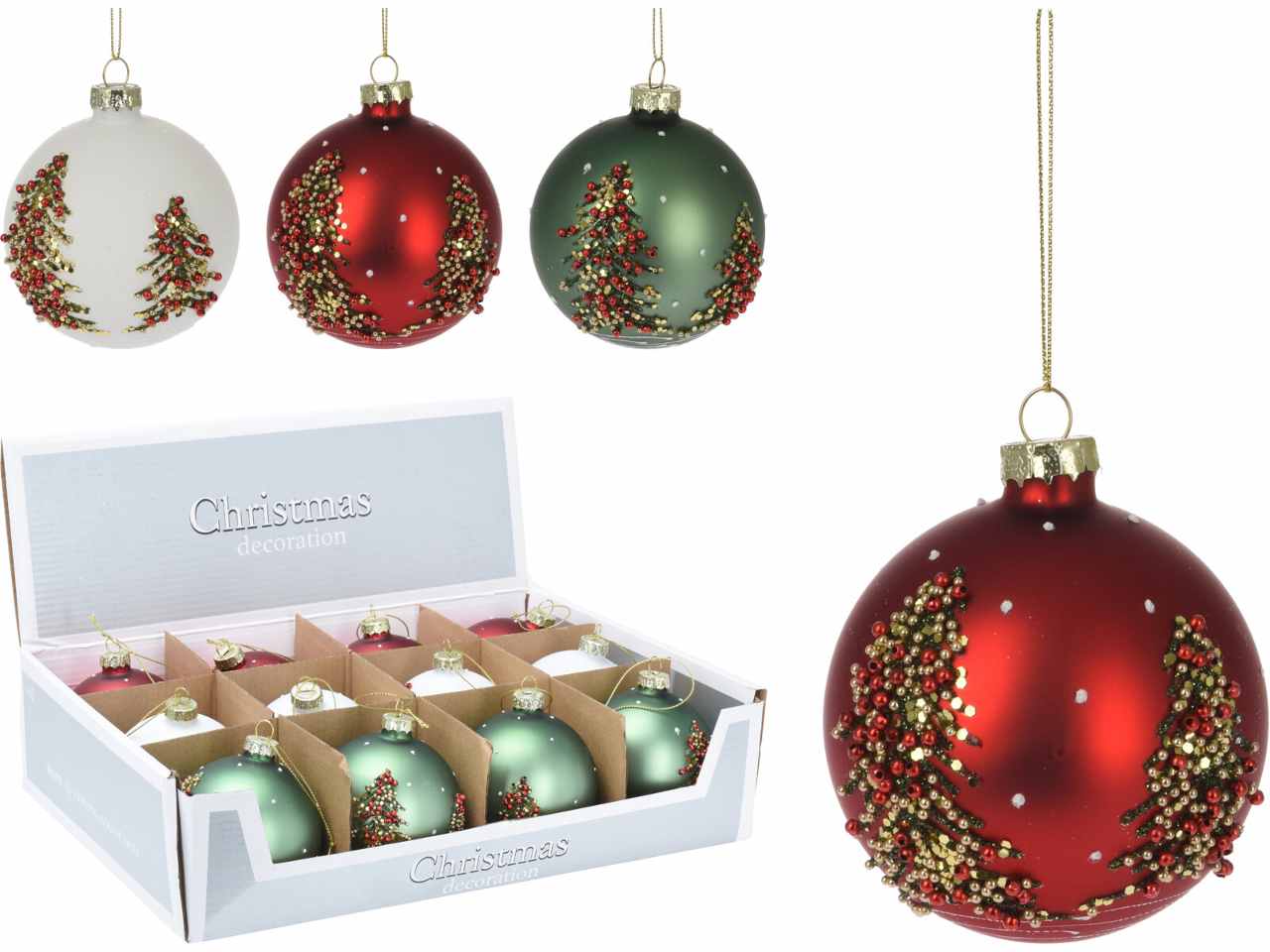 Palla di natale in vetro misura 80mm con decorazione albero di natale in 3 assortimenti