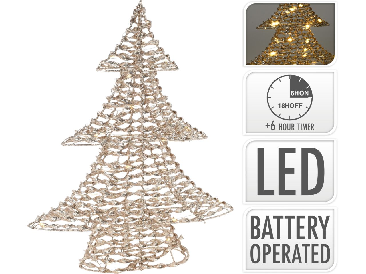 Albero di natale misura 40cm con 30 led colore glitter oro a batteria