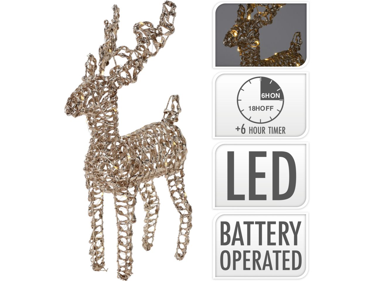 Renna misura 37cm con 40 led colore glitter oro a batteria