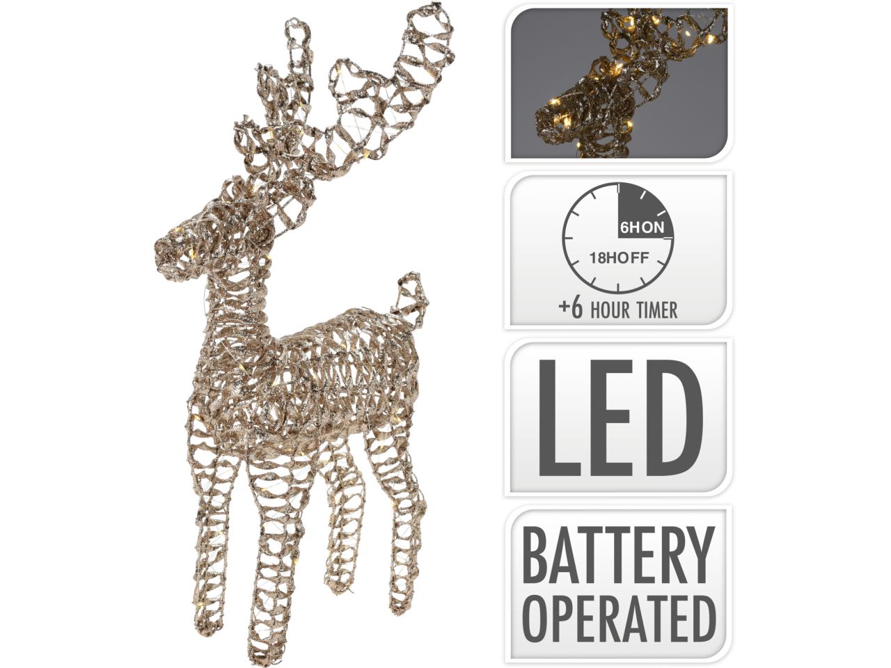 Renna misura 50cm con 50 led colore glitter oro a batteria
