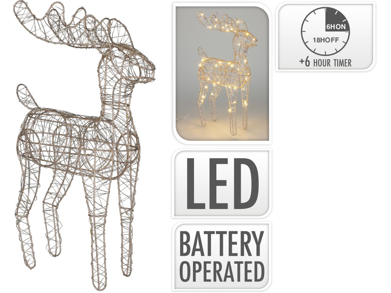Renna colore oro misura 37cm con 40 led e timer a batteria