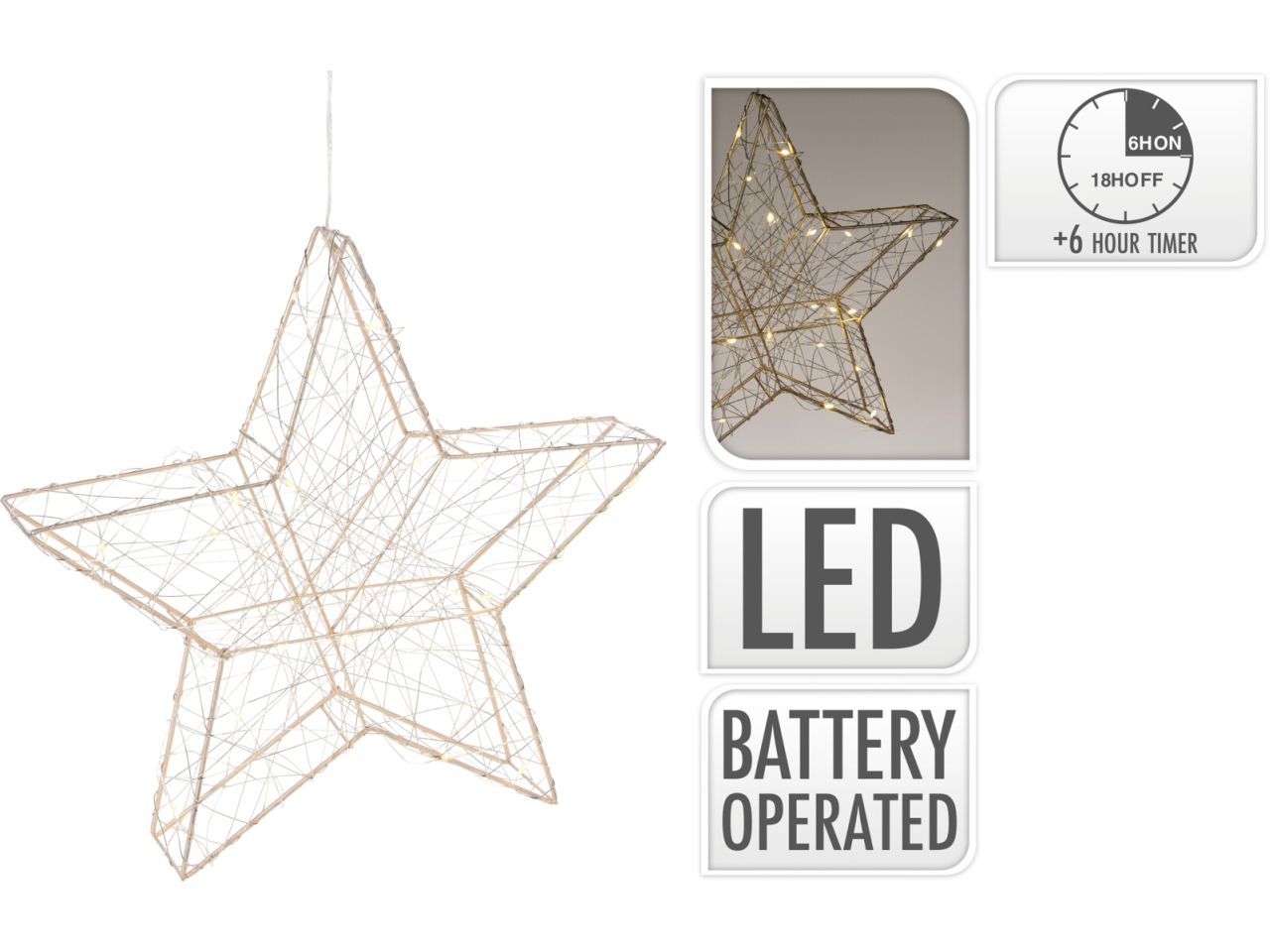 Stella pendente misura 30cm con led bianco caldo colore oro a batteria