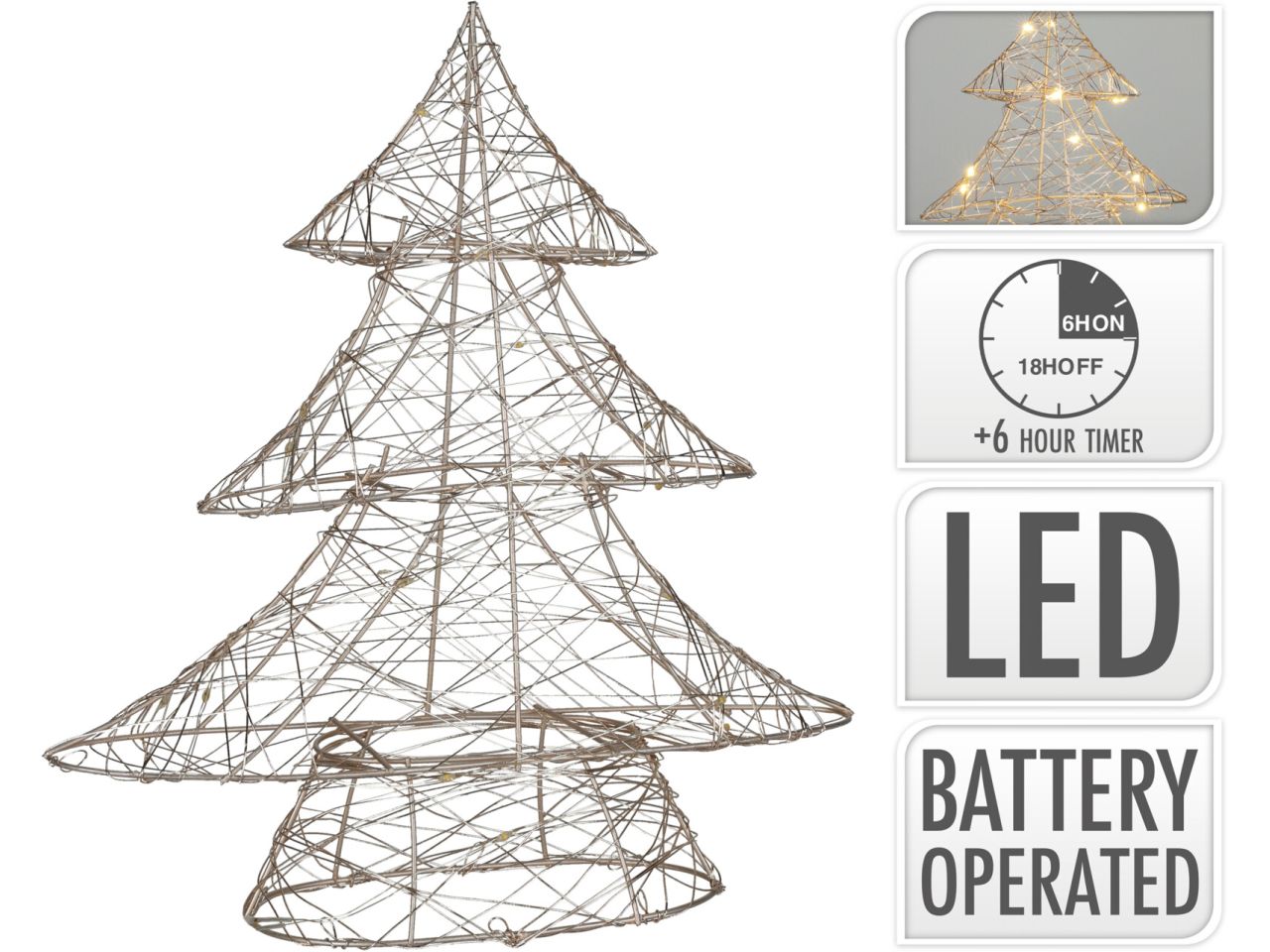 Albero di natale colore oro misura 30cm con 20 led e timer a batteria