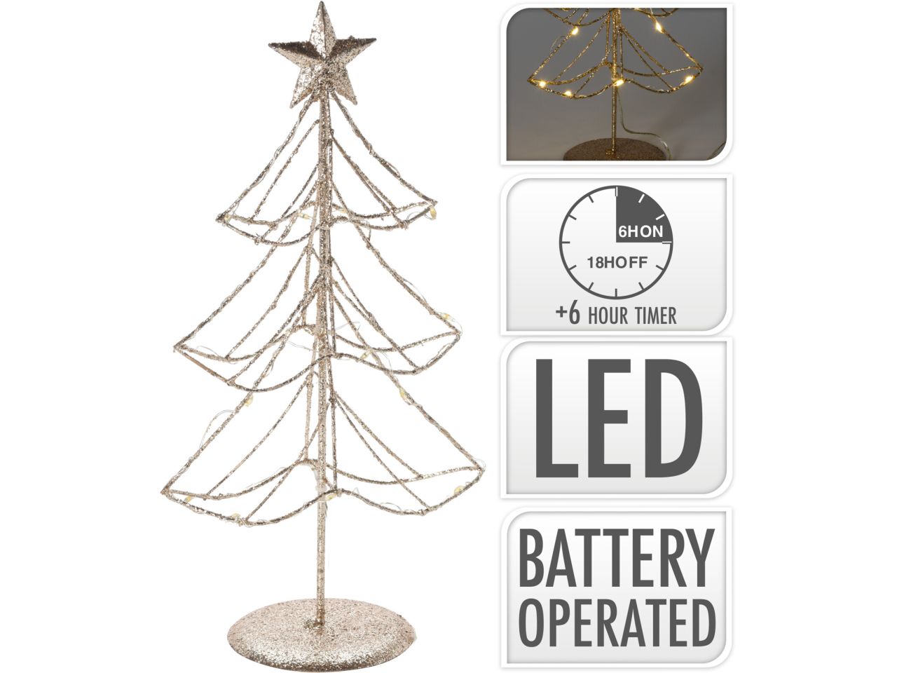 Albero di natale in metallo colore oro misura 30cm con 15 led  bianco caldo a batteria