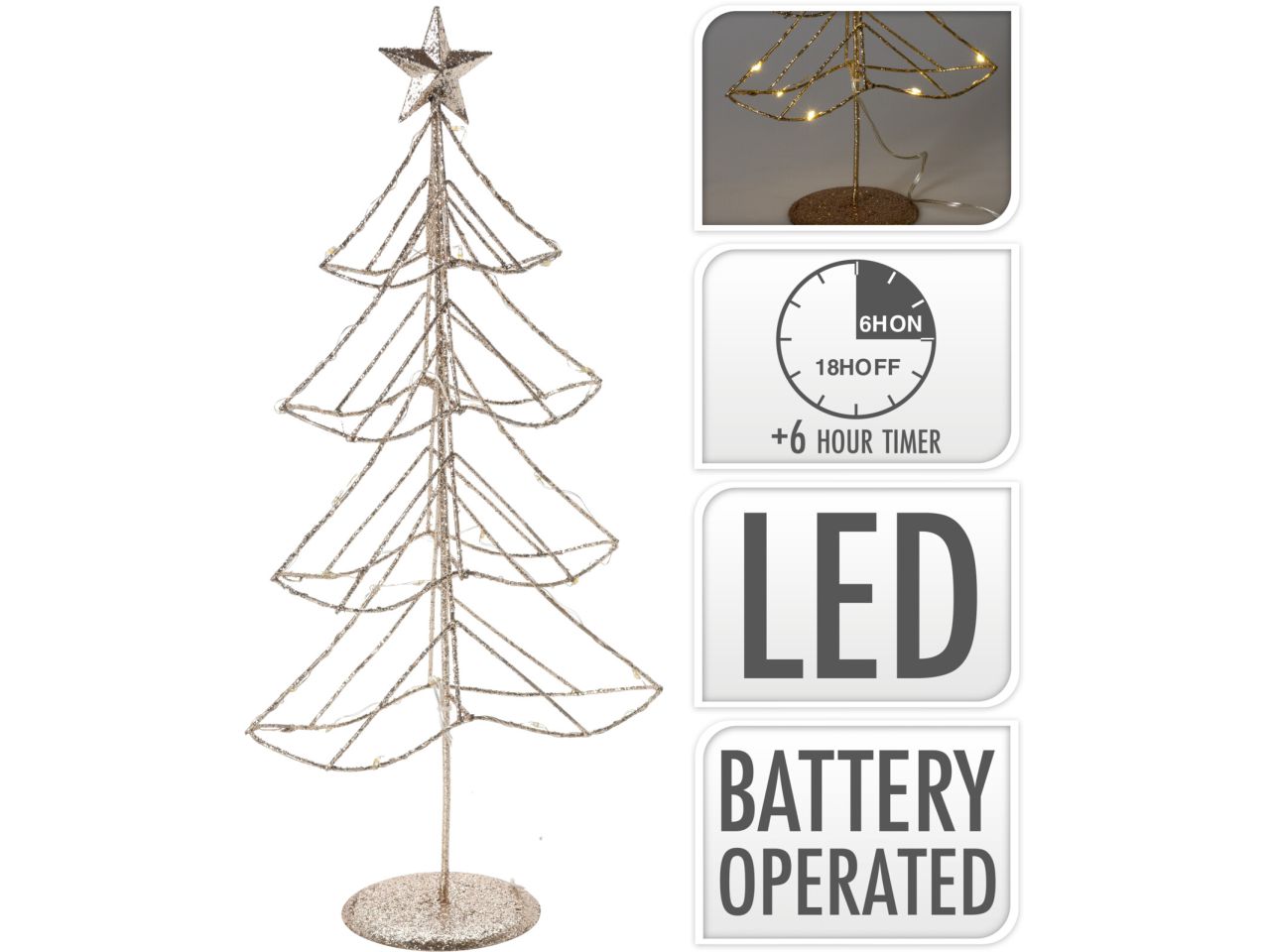 Albero di natale in metallo colore oro misura 40cm con 15 led bianco caldo a batteria