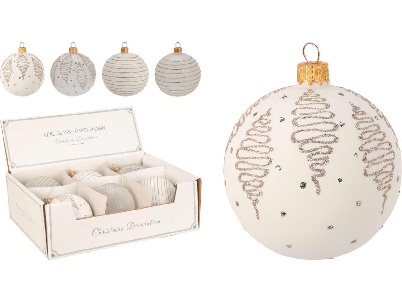 Palla di natale in vetro con decorazione glitterata misura 100mm in 4 assortimenti