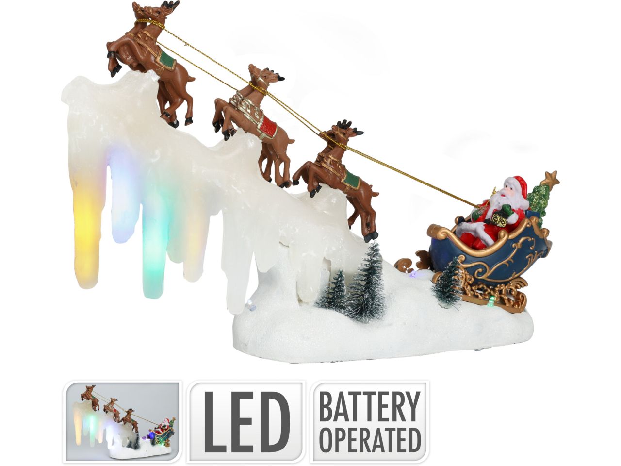 Slitta con babbo natale e renne con led a batteria