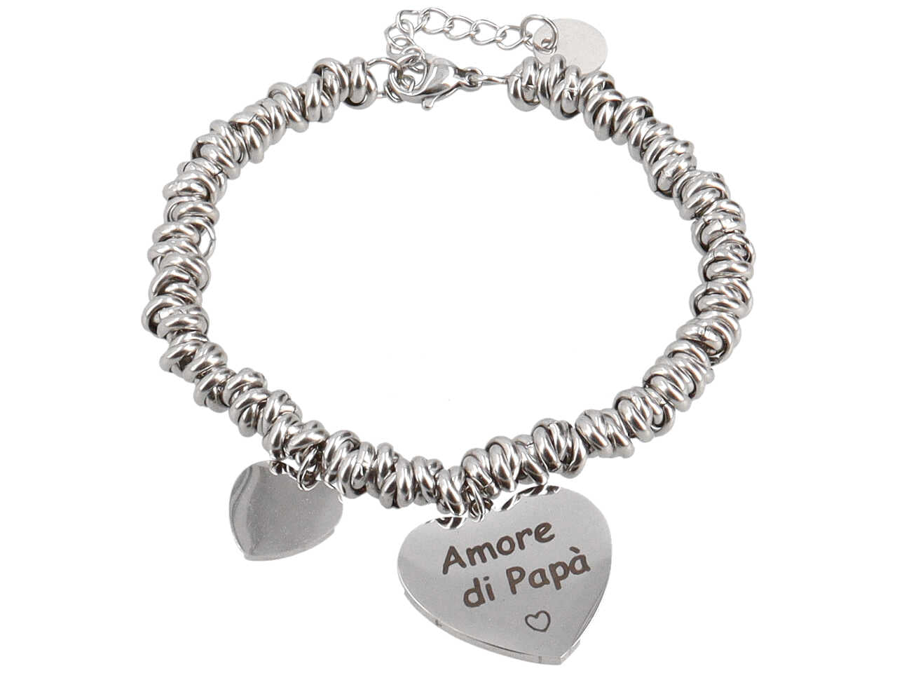Bracciale in acciaio ad anelli con ciondolo cuore amore di papa'