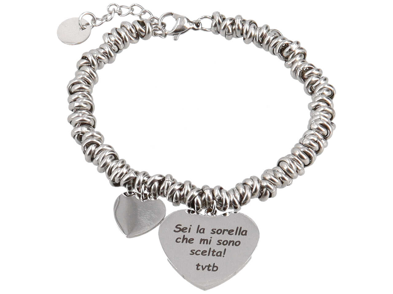 Bracciale in acciaio ad anelli con ciondolo cuore sei la sorella che mi sono scelta