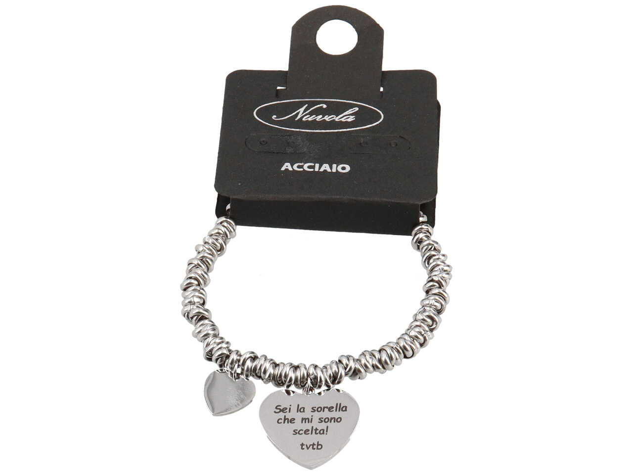Bracciale in acciaio ad anelli con ciondolo cuore sei la sorella che mi sono scelta