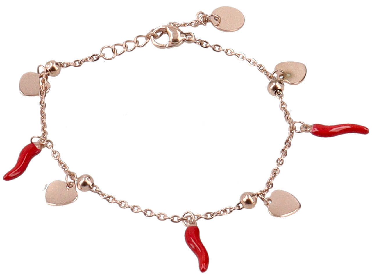 Bracciale acciaio con charme 3 corni e 4 cuori rosa