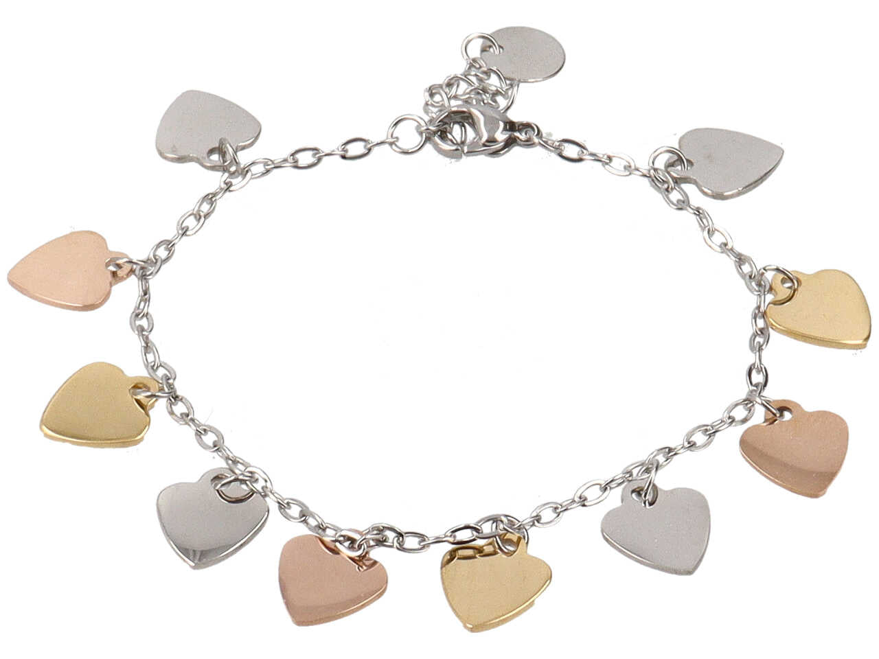 Bracciale in acciaio con charme a forma di cuori in tre tonalità