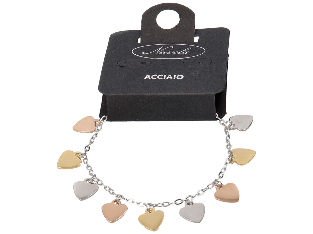 Bracciale in acciaio con charme a forma di cuori in tre tonalità