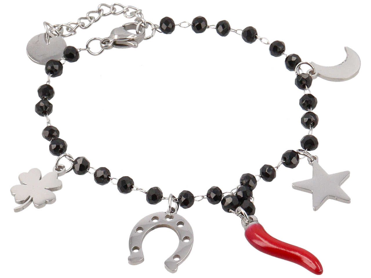 Bracciale con cristalli neri, corno, stella e ferro