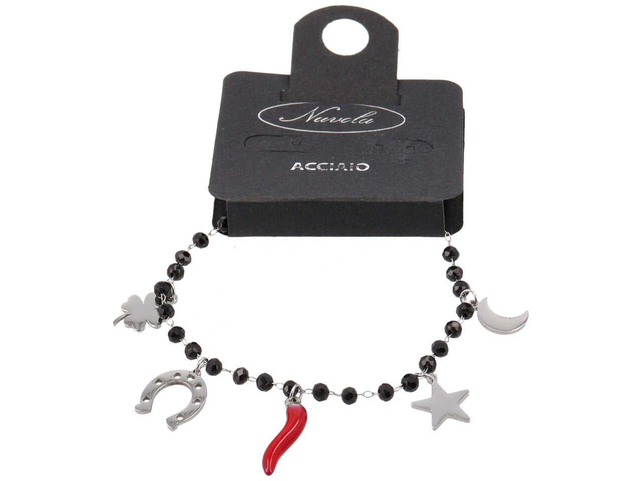 Bracciale con cristalli neri, corno, stella e ferro