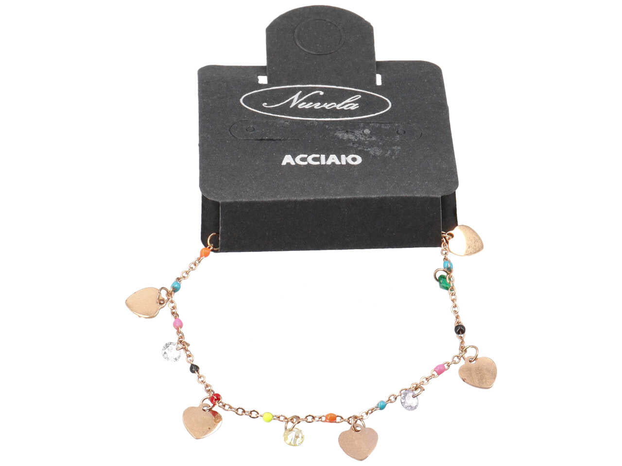 Bracciale con cristalli colorati e cuori oro rosa