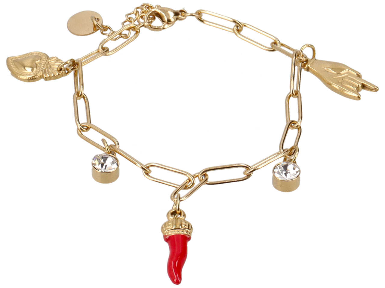 Bracciale oro con charme con mano, pietra, corno ed ex voto