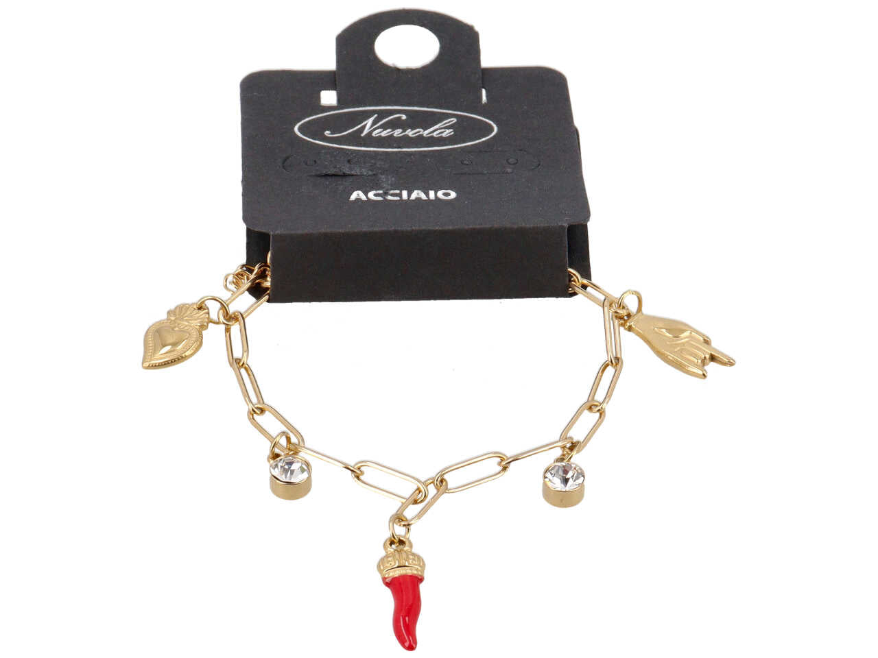 Bracciale oro con charme con mano, pietra, corno ed ex voto