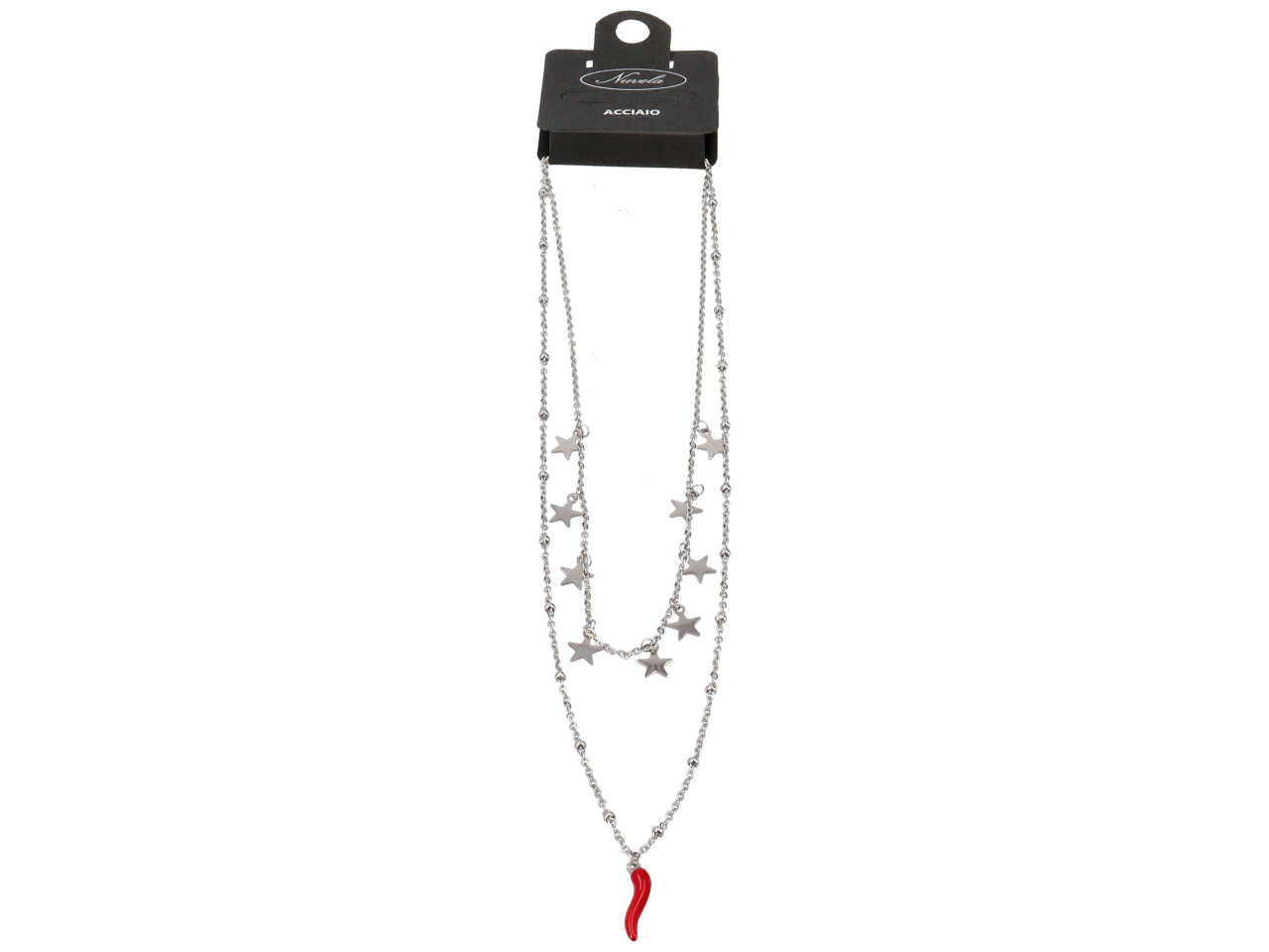 Collana acciaio 2 fili con stelline e cornetto