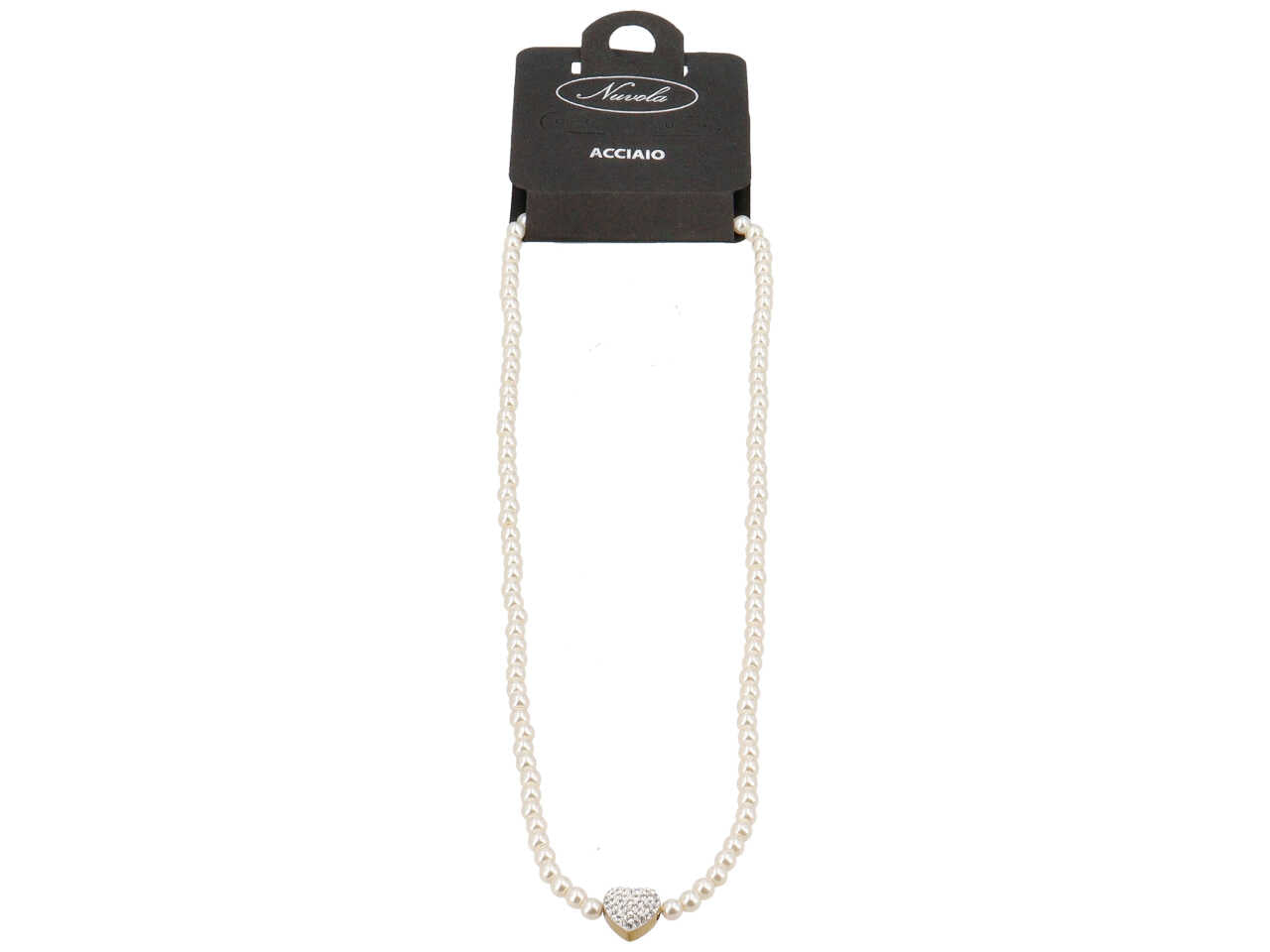 Collana oro perle e cuore centrale con strass