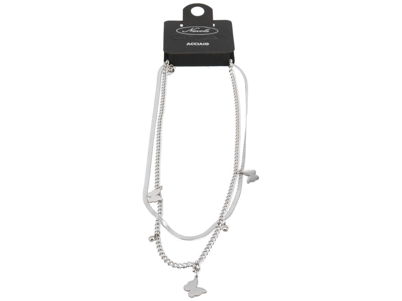 Collana 2 fili con piattina, catena e farfalle