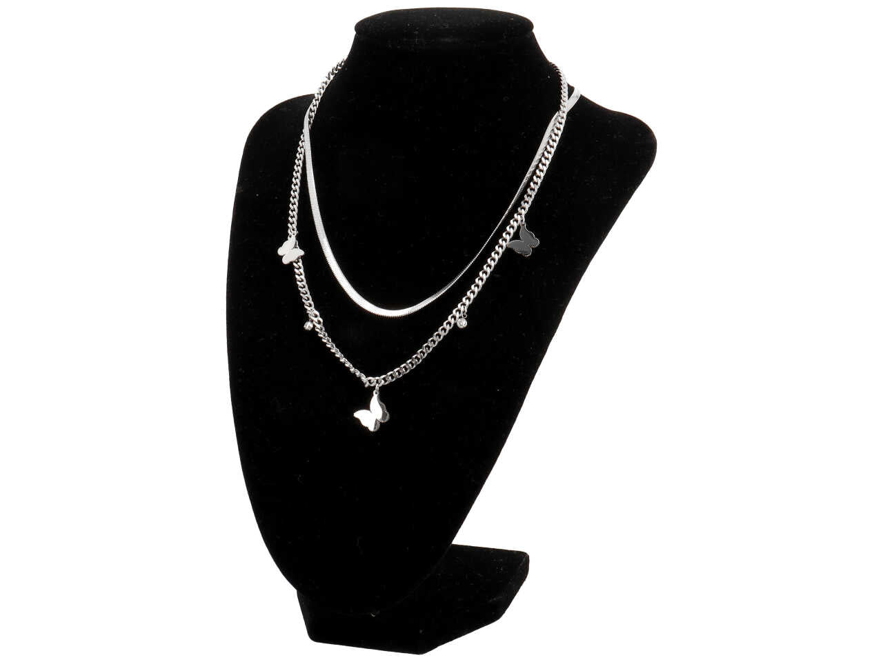 Collana 2 fili con piattina, catena e farfalle