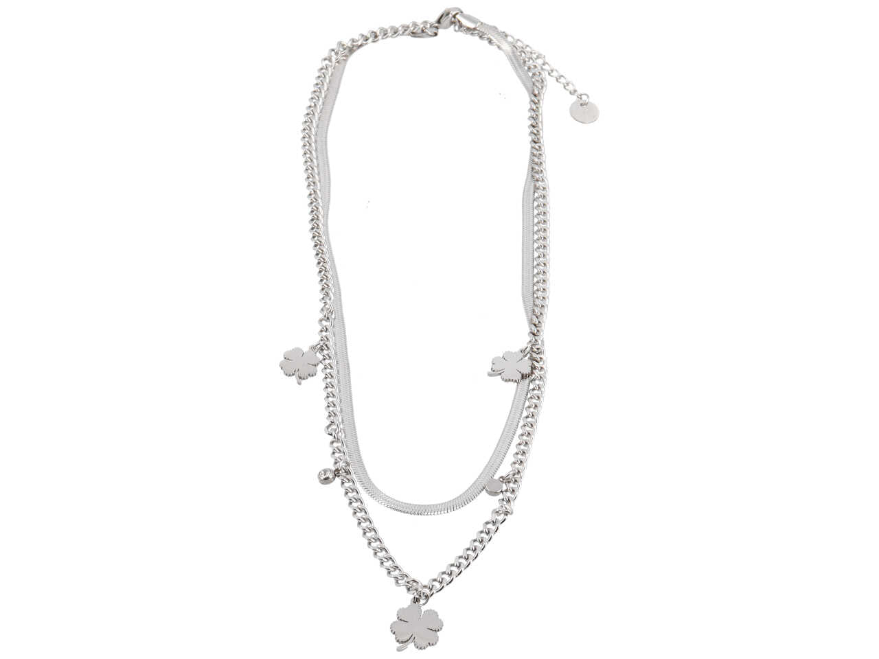 Collana 2 fili piattina e catena con quadrifogli