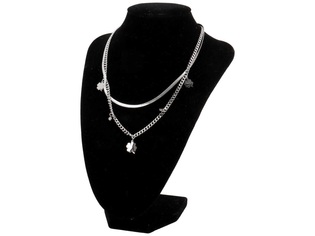 Collana 2 fili piattina e catena con quadrifogli
