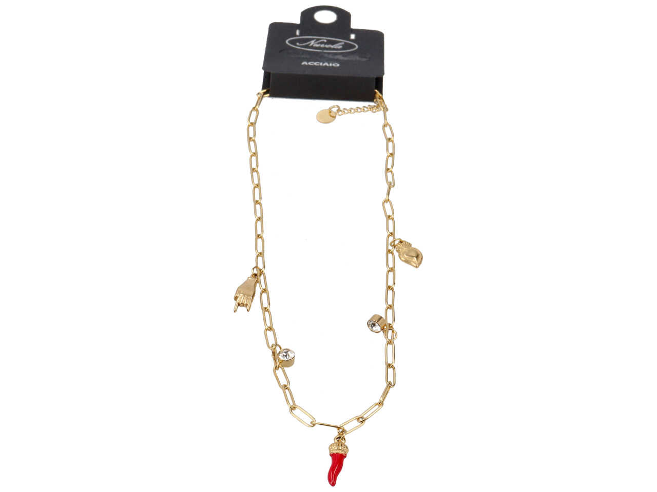 Collana oro con charme a forma di mano, cuore e corno