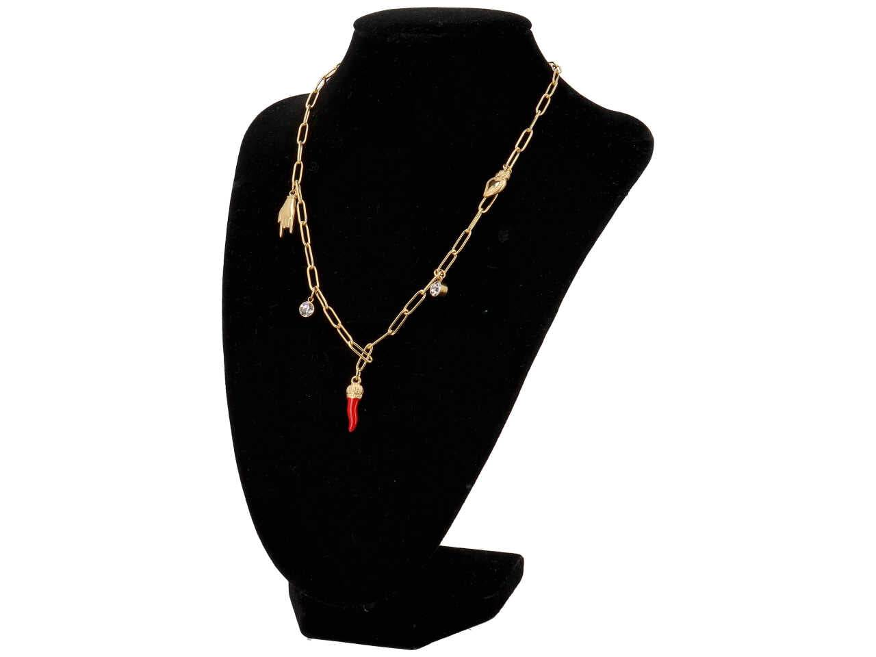 Collana oro con charme a forma di mano, cuore e corno