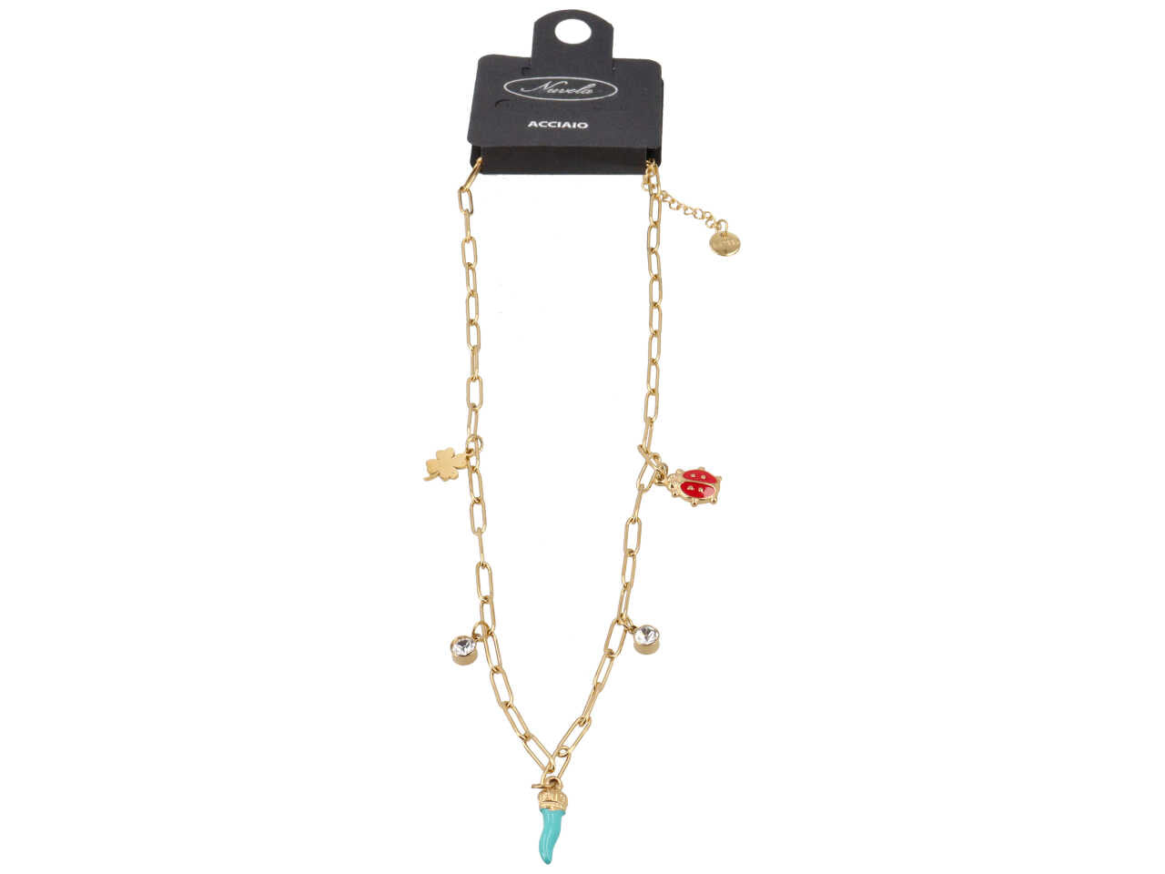 Collana oro con corno turchese, coccinella e quadrifoglio