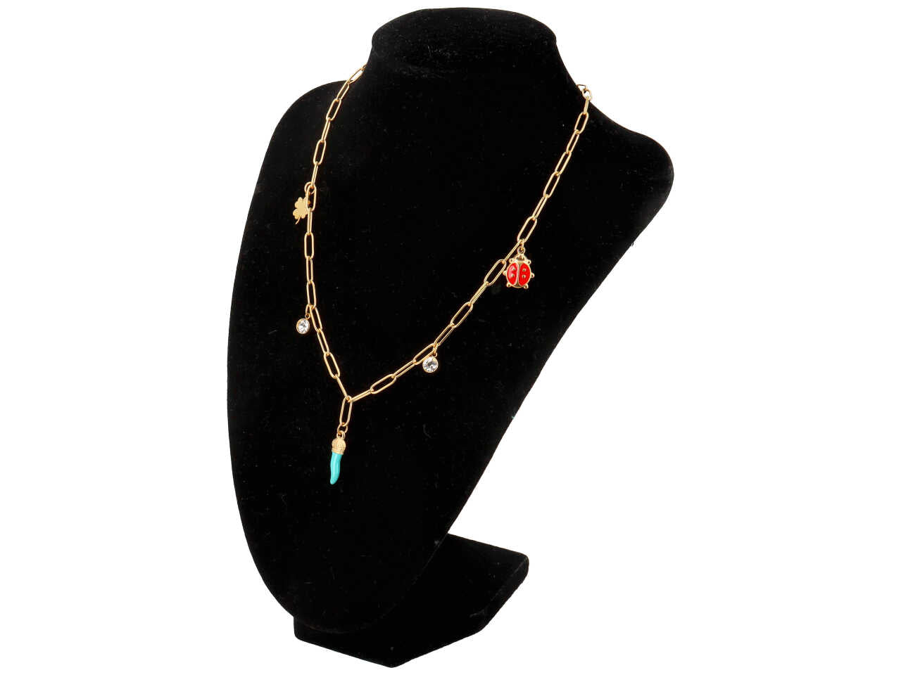 Collana oro con corno turchese, coccinella e quadrifoglio