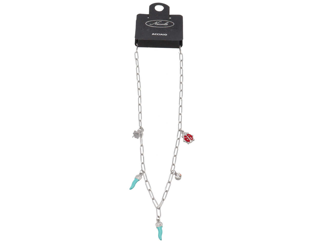 Collana con corno turchese, coccinella e quadrifoglio