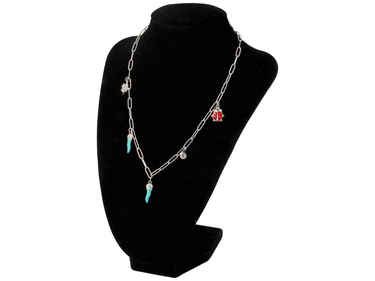 Collana con corno turchese, coccinella e quadrifoglio