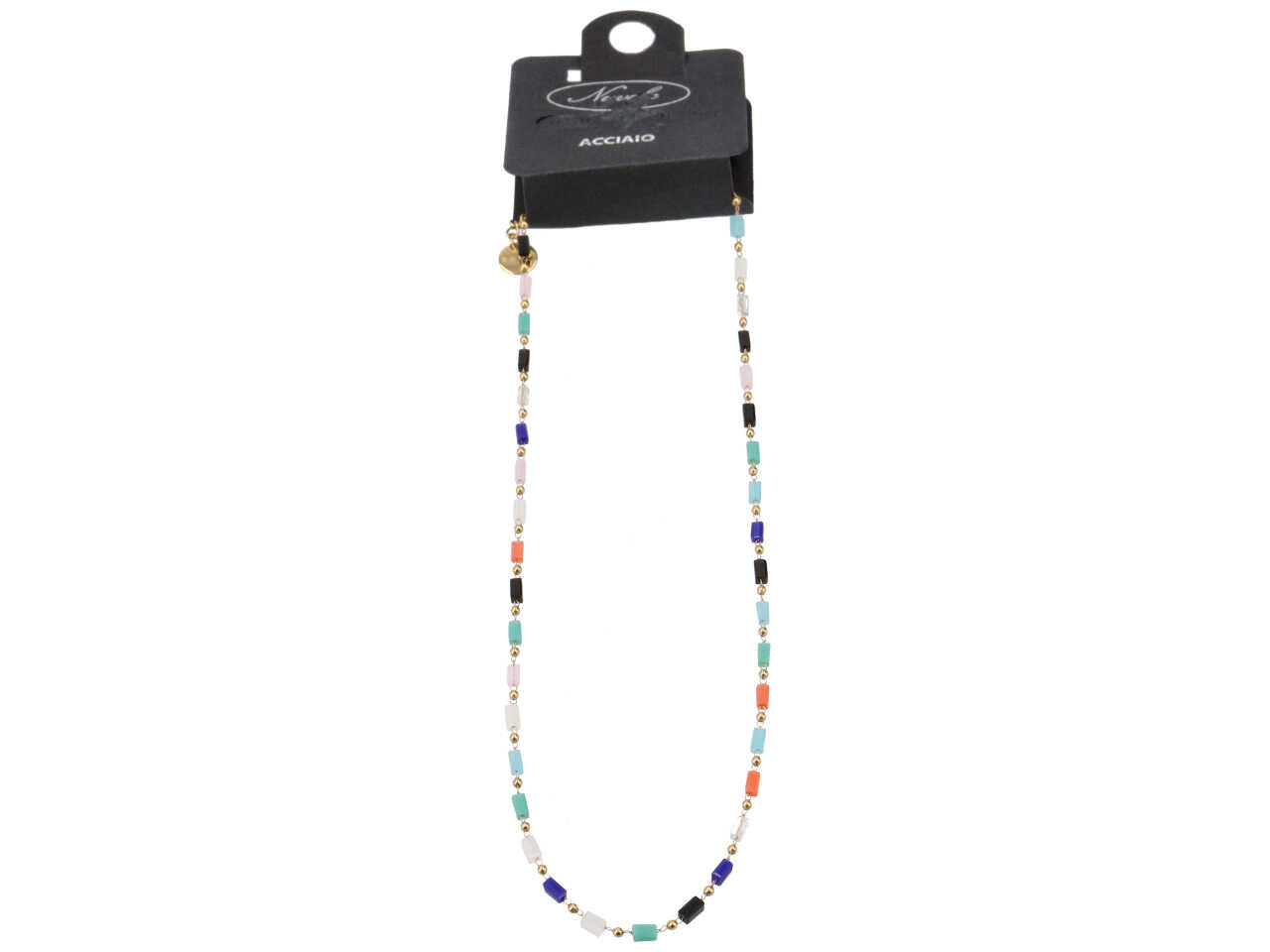 Collana oro con barilotti in vetro multicolor e sfere