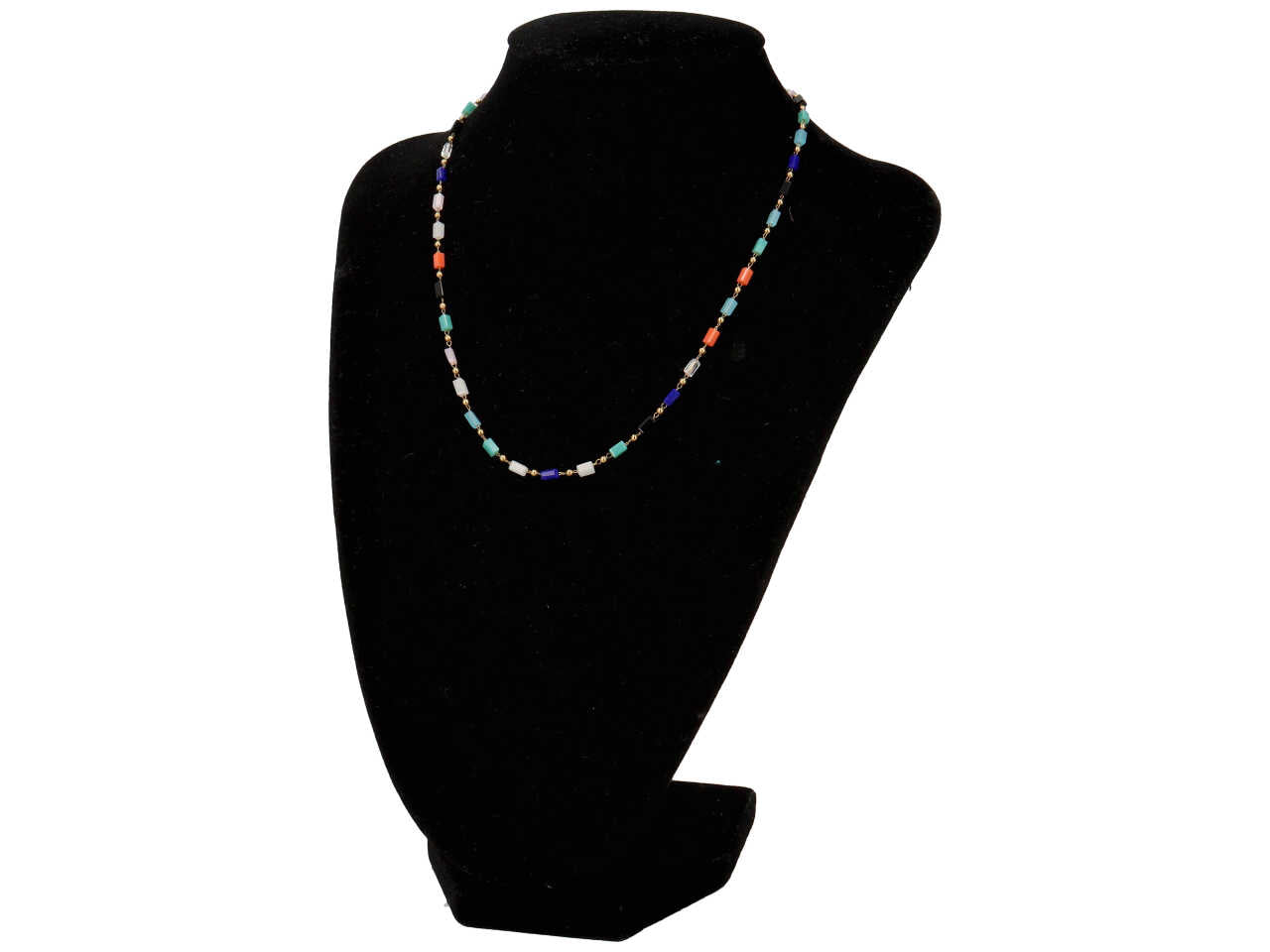 Collana oro con barilotti in vetro multicolor e sfere